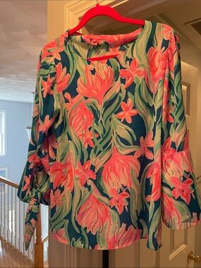 Lilly Pulitzer Langston Floral Tie-Sleeve Top in Teal & Pink Coral Size 10
